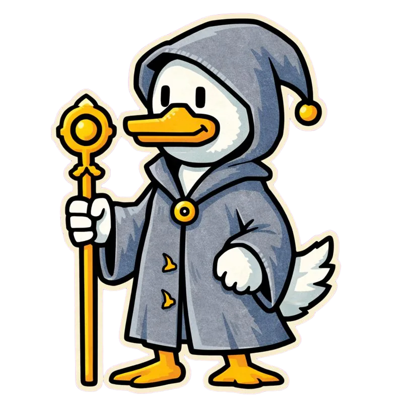 Quackster the duck mage, holding a golden scepter